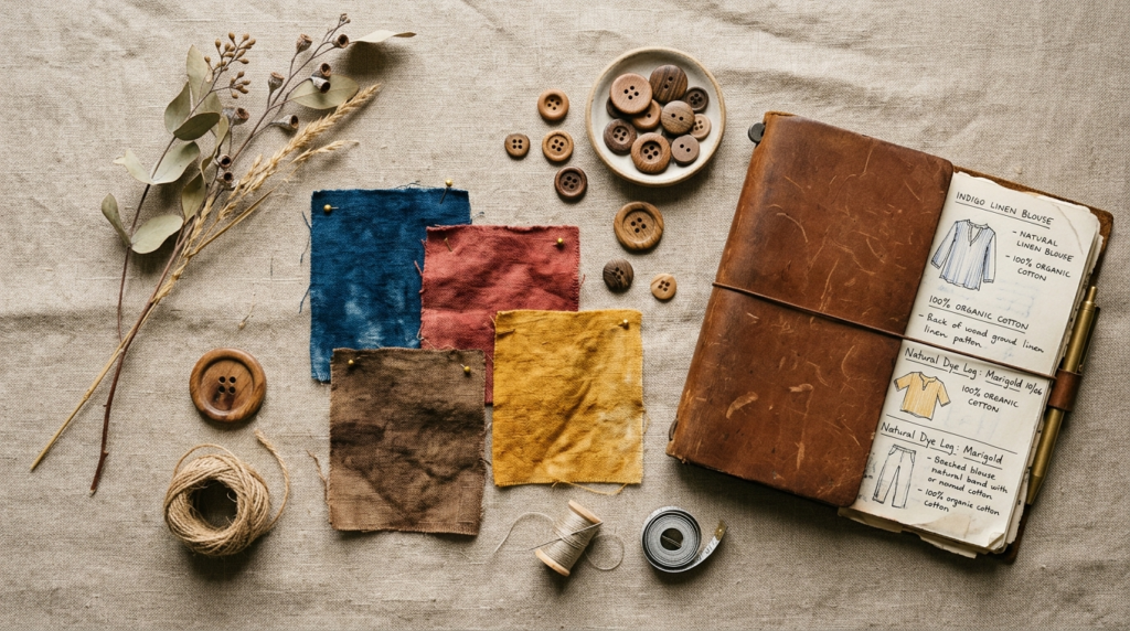 Overhead flat lay of artisanal sustainable fashion items arr