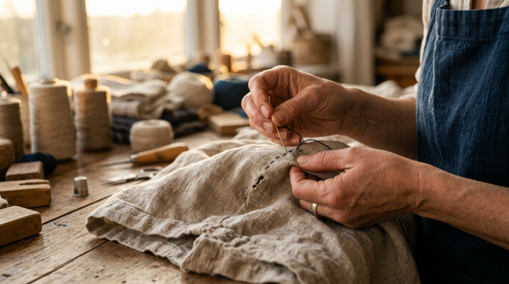 A craftspersons hands at work in a sunlit studio, carefully