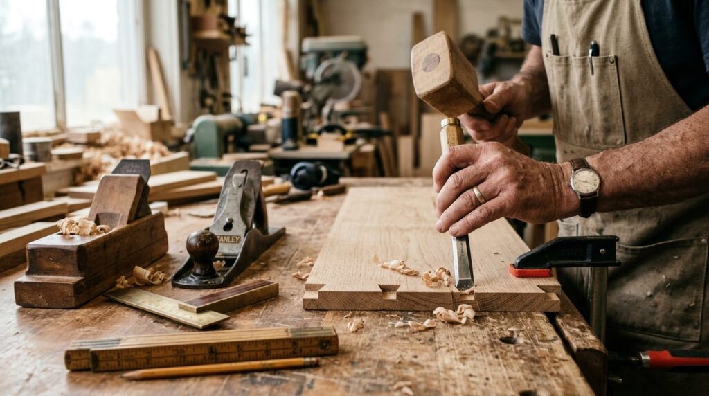 Close-up detail shot of a master carpenters hands working o