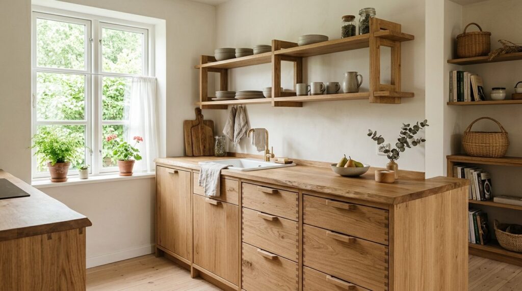 Minimalist Scandinavian kitchen interior showing a fully cus