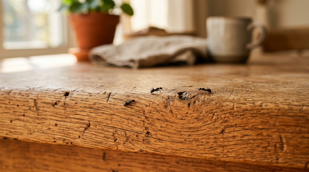 Detailed close-up macro photography of a wooden vintage tabl