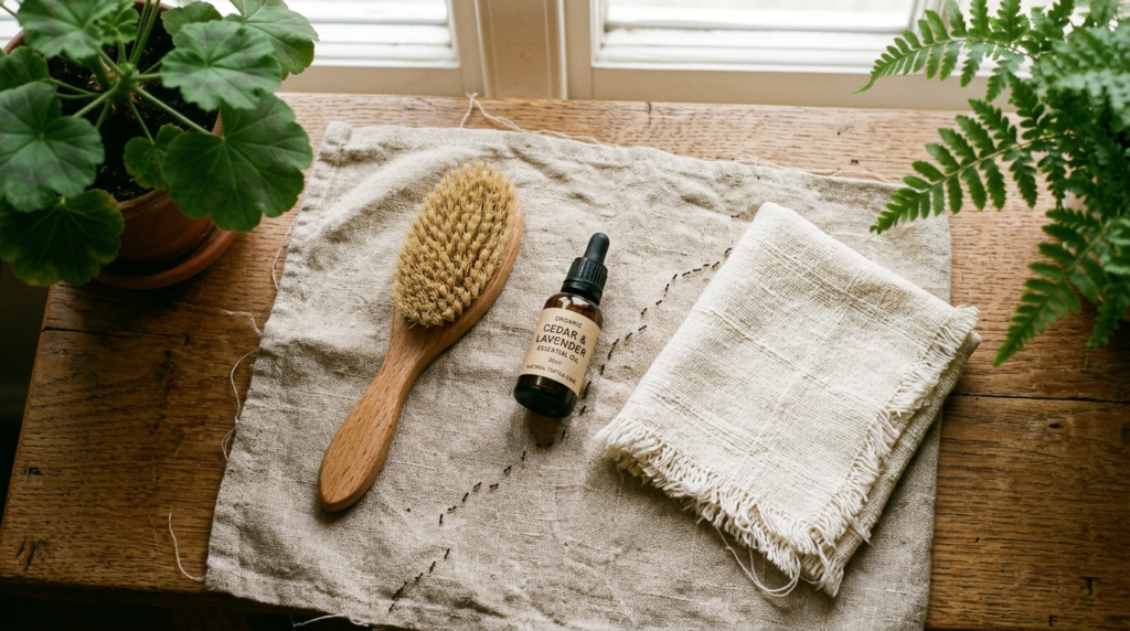 Flat-lay overhead shot of vintage textile care items arrange