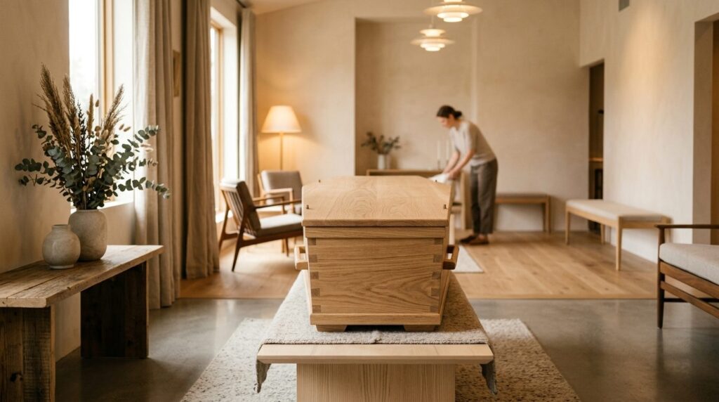 Lifestyle photograph of a natural wooden casket in an elegan