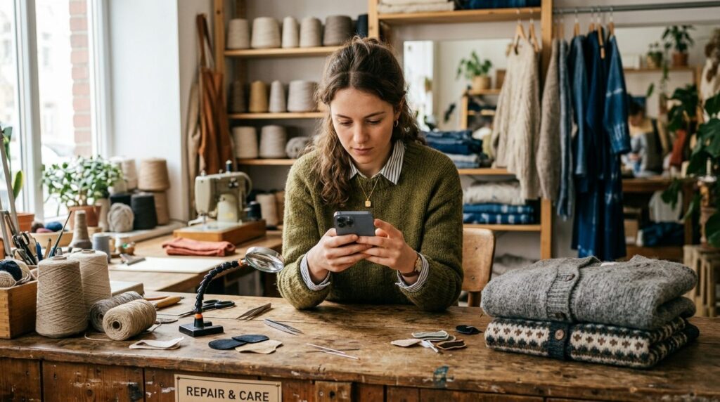 Lifestyle portrait of a woman examining her iPhone screen wi