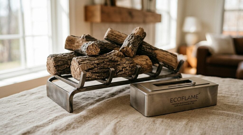 Close-up detail shot of premium bioethanol fireplace accesso