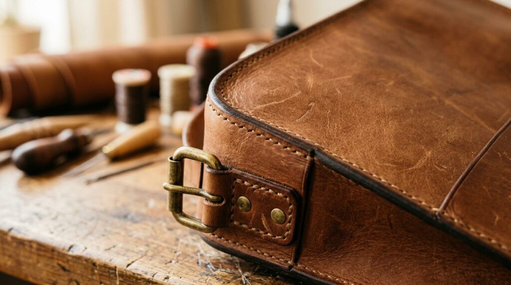 Close-up detail shot of artisan leather bag construction sho