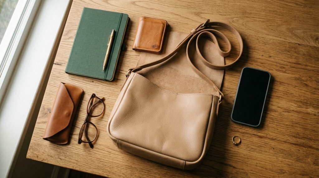 Lifestyle flatlay of a womans everyday essentials arranged 
